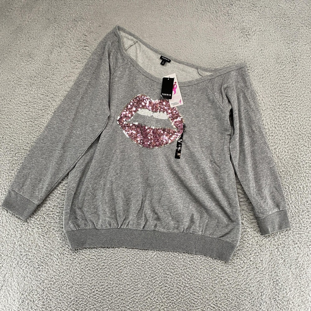 Torrid‎ Sequin Lips Sweatshirt Womens 2X Off Shoulder Breast Cancer Awareness